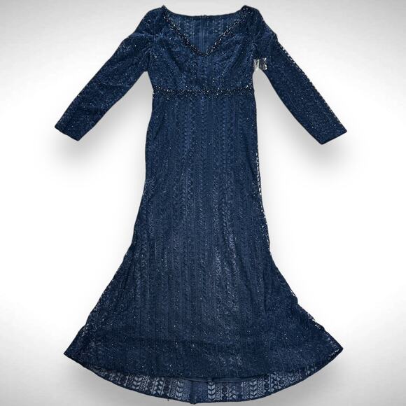 Mac Duggal Embroidered Long Sleeve V Neck Trumpet Gown Dress Sz 10 Midnight Blue - Picture 4 of 14